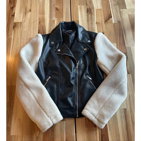 EXPRESS vegan leather shealing sleeve boucle jacket coat - Picture 1 of 4